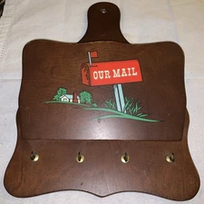 Vintage Wooden Wall Hanging Our Mail Holder And Key Hooks 12.75” x 9.5” MCM