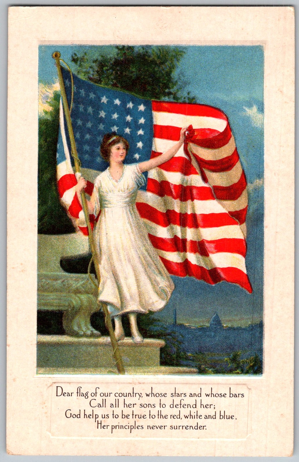 Antique Postcard Woman Holding American Flag 1910s