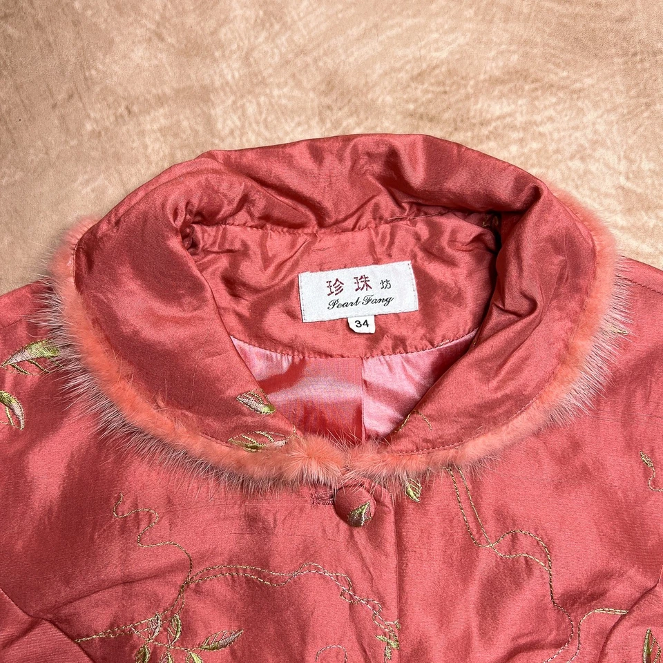 Vintage 90s Pearl Fang Pink Floral Embroidered Silk Jacket Faux Fur Trim Collar - Image 2 of 4