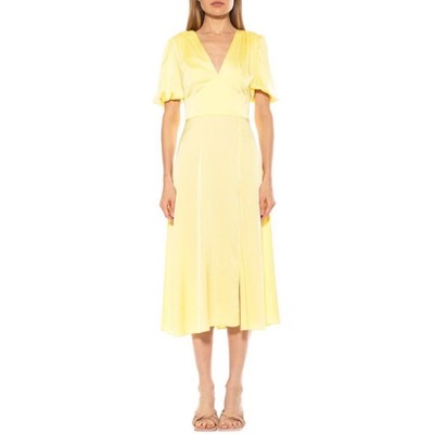 NWT Alexia Admour V Neck Puff Sleeve Midi Dress 14 Yellow Satin Babydoll Wedding
