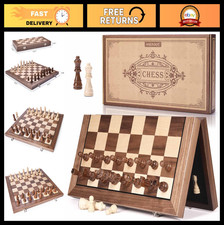 15" Magnetic Wooden Chess Set - Folding Board, Extra Queens, Storage Slots, Trav
