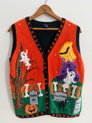 Basic Editions Halloween Sweater Vest Med FLAWS Graveyard Ghosts Appliqué 90s