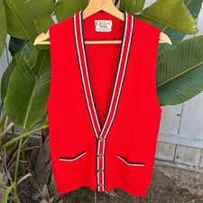 Vintage 1960s Orlon Campus Sweater Vest Red Striped Trim M