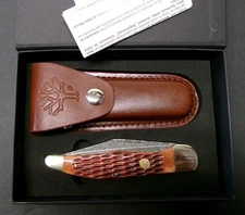 Boker 20-20 Duo 110274 Damascus Folding Hunter Jigged Handle Leather Sheath NEW!