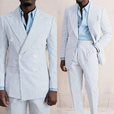 Striped Seersucker Men Suits Wide Peak Lapel Summer Blue Offical Jacket Tuxedo