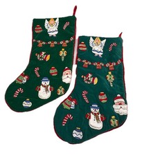 (2) VTG Soft Velvet Embroidered 16" Christmas Stockings Santa, Angel & Snowman