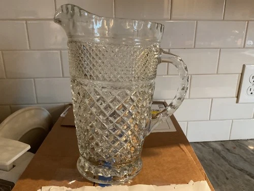 Vintage 1960 wexford Cut Crystal Diamond Point Anchor Hocking Glass Pitcher #cc