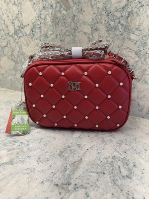 Bradley Mischka Red Diamond Quilted Accessories Crossbody Handbag W/ Pearls