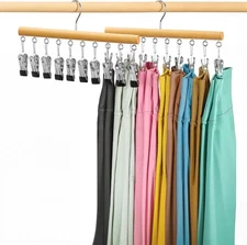 Legging Organizer for Closet 2 Pack, Wood Yoga Pants Hangers 10 Clips Holds 20 L