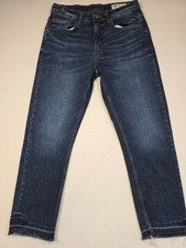 Zara Womens Mid-Rise Straight Leg Blue Denim Jeans Size 4 Raw Hem