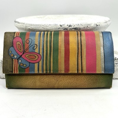 Anuschka Hand-Painted Genuine Leather Wallet / Clutch   Striped Butterfly Design