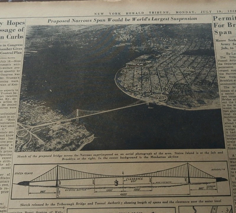 JULY 19, 1948 NEWSPAPER PAGE #2549- VERRAZANO NARROWS BRIDGE PROPOSED