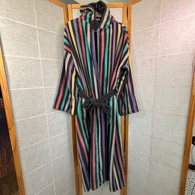 Bill Blass Hooded Robe OS Multi-Color Striped Cotton Terry Cloth Vintage Brazil