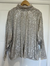 H&M Sequin Top, Women’s Size L, Festival Sparkly Silver Party High Neck Blouse
