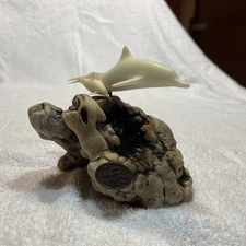 John Perry Dolphin Mother & Calf on Burlwood Base Vintage Sculpture