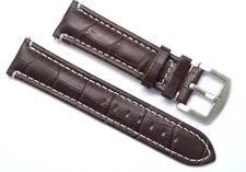 22mm Brown Croco Embossed Leather Contrast Stitch Watch Band Stainless Buckle