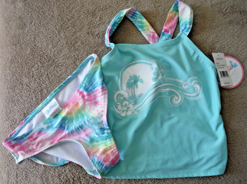 Shelloha 2 PIECE SWIM SUIT Girls TURQUOISE TOP tie dye bottom 8 NWT