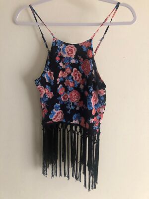 Forever 21 Strappy floral black tank top with fringe size M