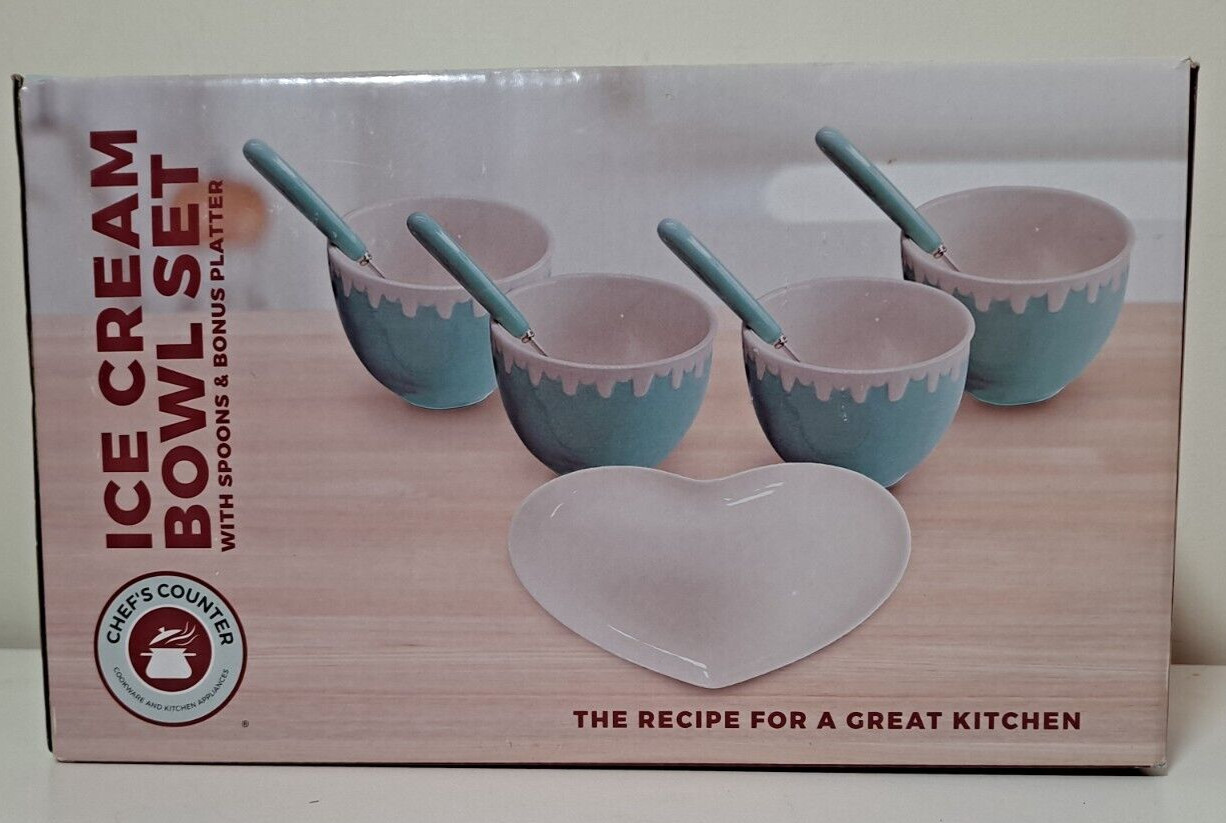 Chef Counter 9 Piece Ice Cream Bowl Spoon Set W/ Treat Plate Blue/ White