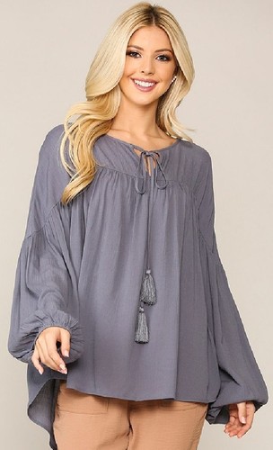 New GIGIO M L 10 12 + Textured Balloon Sleeve Rayon Top Front Tassel Oversized - Picture 4 of 9