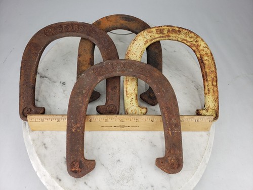 4X Vintage Searsl Horseshoes St. Pierre Worcester Horse Shoes Cast Iron Throwing - Picture 2 of 12