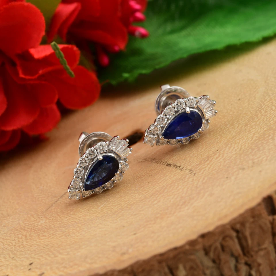 2.37 Tcw Lab Grown CVD Diamond Blue Sapphire Pear Stud Earrings 18k White Gold - Image 3 of 4