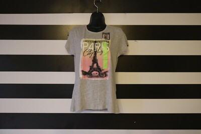 Primark Women s T-Shirt Cotton Blend Paris Printed Tee Grey Marl Size 8