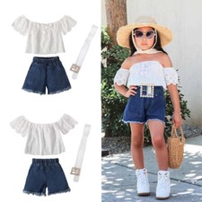 Girls white mesh off-the-shoulder top denim shorts belt/three-piece children