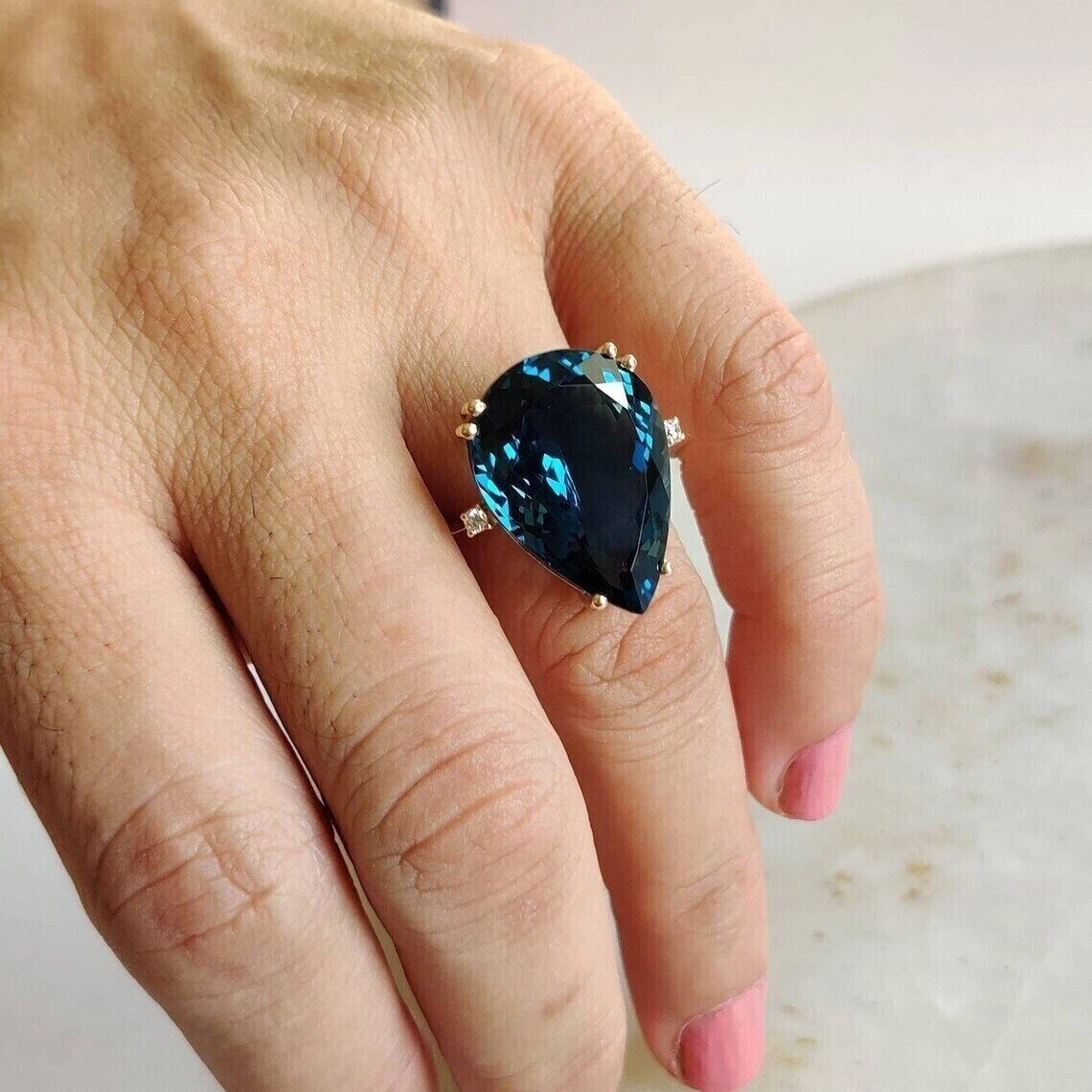 Natural London Blue Topaz and MOISSANITES Cocktail Women Ring in