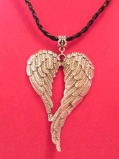 Angel Wings Double Heart Bird Feather Wing Large Silver Charm Leather Necklace