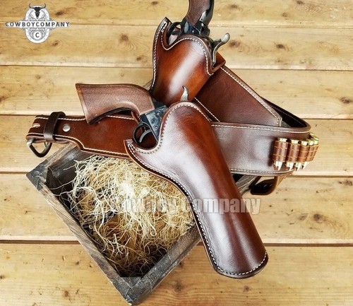 Western Leather Holster Gun Belt 44 / 45 Brown Hand Made Cowboy Revolver Pistol - Picture 2 of 14