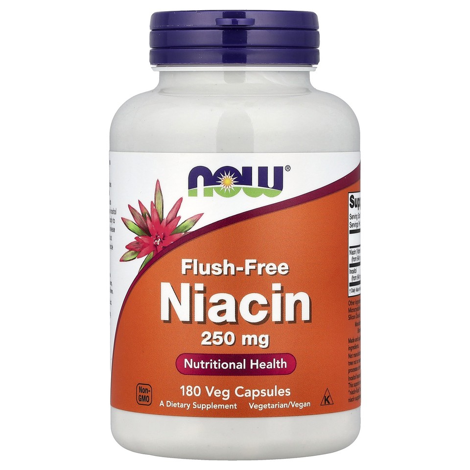 Now Foods Flush-Free Niacin 250 mg 180 Veg Capsules GMP Quality Assured, Vegan,