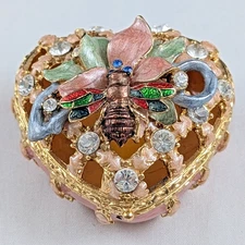 Fritz and Floyd Heart Shaped Jewelry Box Crystals Bee Floral Openwork Gold Trim