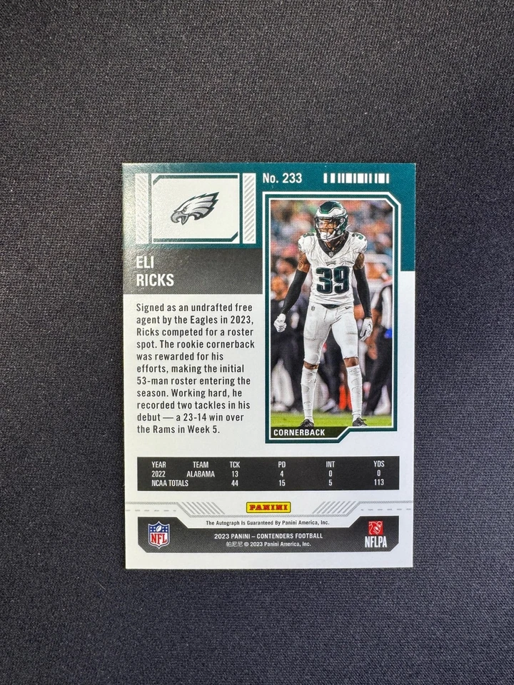 2023 Panini Contenders Eli Ricks RC Rookie Ticket Auto #233 Philadelphia Eagles - Image 2 of 2