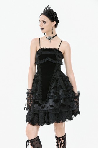 Dark In Love Women Black Gothic Bat Coffin Mesh Spliced Velvet Short Dress - Picture 5 of 22
