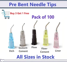 Dental Pre Bent Needle Tips  25 Ga./Blue Etch, Flow Sealant, Liner Pink - 100 Pk