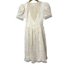 Vintage Gunne Sax Jessica McClintock Girls White Cream Lace Puff Sleeve Dress