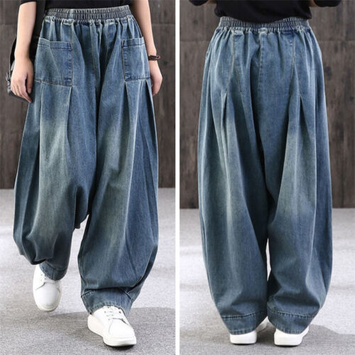Damen Denim Haremshose Baggy Lockere Jeans Pluderhose Übergröße Freizeit Retro - Bild 1 von 16