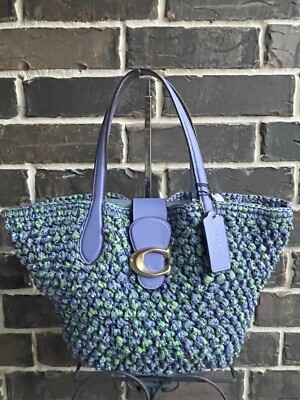 NWT $395 Coach Small Popcorn Texture Straw Tote & Pouch Light Purple Soft Green
