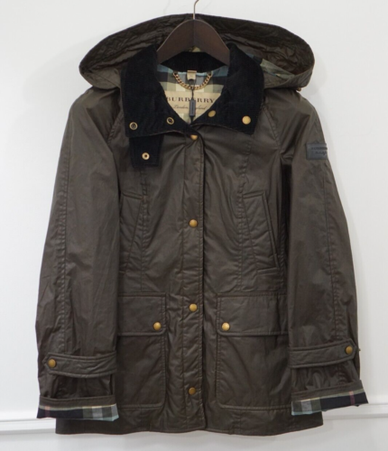Women Burberry Waxed Cotton Jacket Coat Dark Olive Hooded Balthorne US4