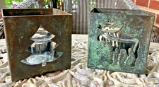 Pair Primative Copper Candle Votive Holders Moose Tree Motif with Glass Votives