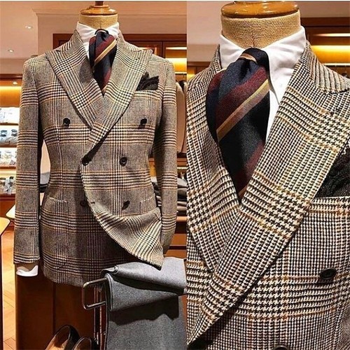 Men's Designer Vested Wide Peak Lapel Houndstooth Plaid Suit in Tan main image 1
