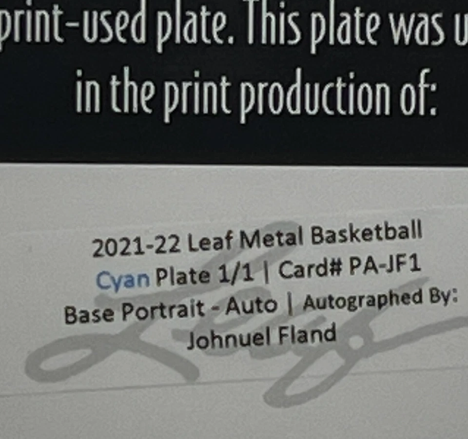 💥JOHNUEL FLAND AUTO #1/1💥2021-22 LEAF METAL BASKETBALL CYAN PLATE AUTO💥#1/1🔥 - Image 4 of 4