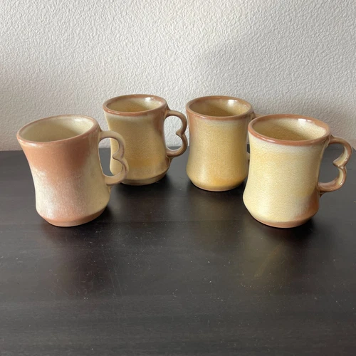 Frankoma Plainsman Trigger Handle Mugs Desert Gold Glaze Set of 4 Vintage