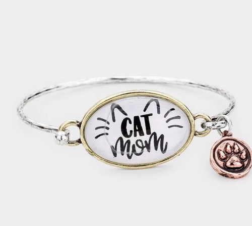 CAT LOVER “CAT MOM” CABOCHON CAT PAW COPPER SILVER TONE BRACELET - 第 1/2 張圖片