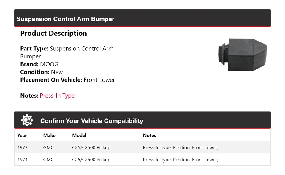 Parachoques brazo de control de suspensión MOOG para camioneta GMC C25/C2500 1973-1974 Foto 2 de 4