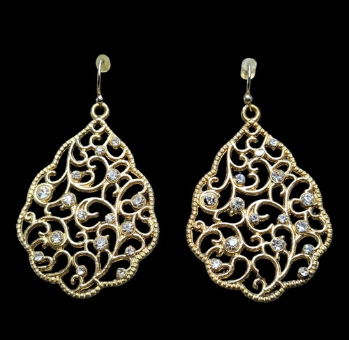 Teardrop Earrings Hook Gold Tone Clear Rhinestone Dangle