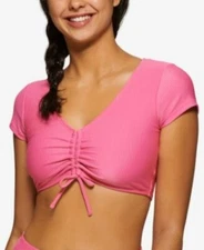 HULA HONEY Juniors Cropped Tie-front Rib Rose, Large, Dark Pink
