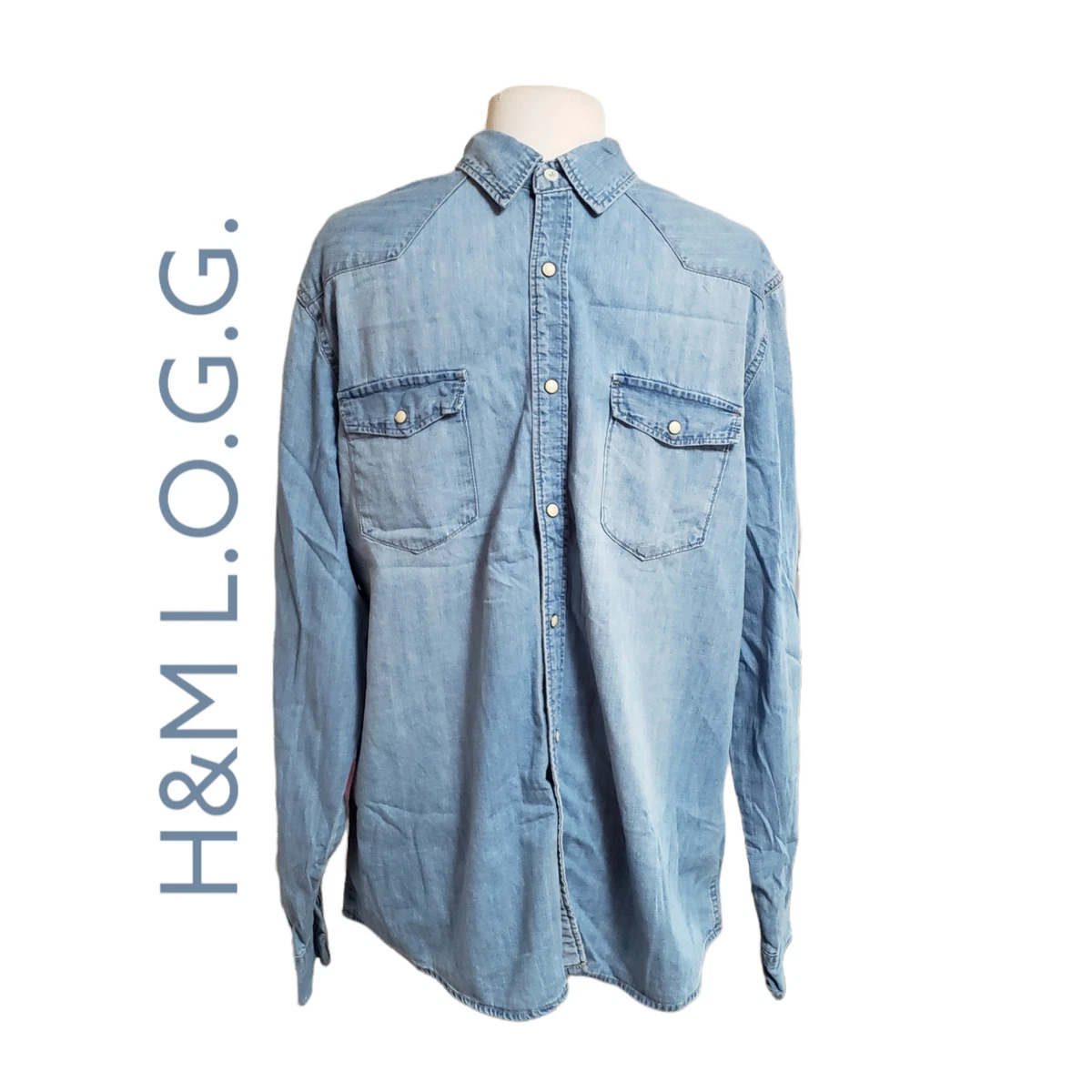H&M L.O.G.G. Blue Jean Collar Long Sleeve Top Denim Shirt For Men Size XL