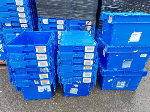5 x LARGE USED TOTE BOX / ATTACHED LID CONTAINER / CRATE 600x400x350mm VGC - Picture 3 of 6